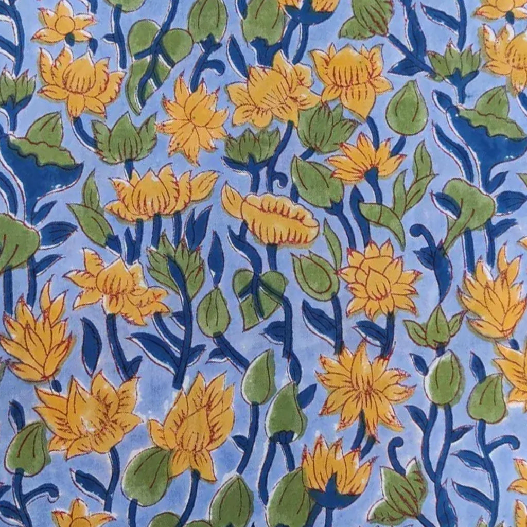 Yellow Floral Cotton Cushion Cover, Blue Hand Block Print Pillow Cover, Decorative Throw Pillow, Handmade Sofa Cushion, Square Pillow Cover