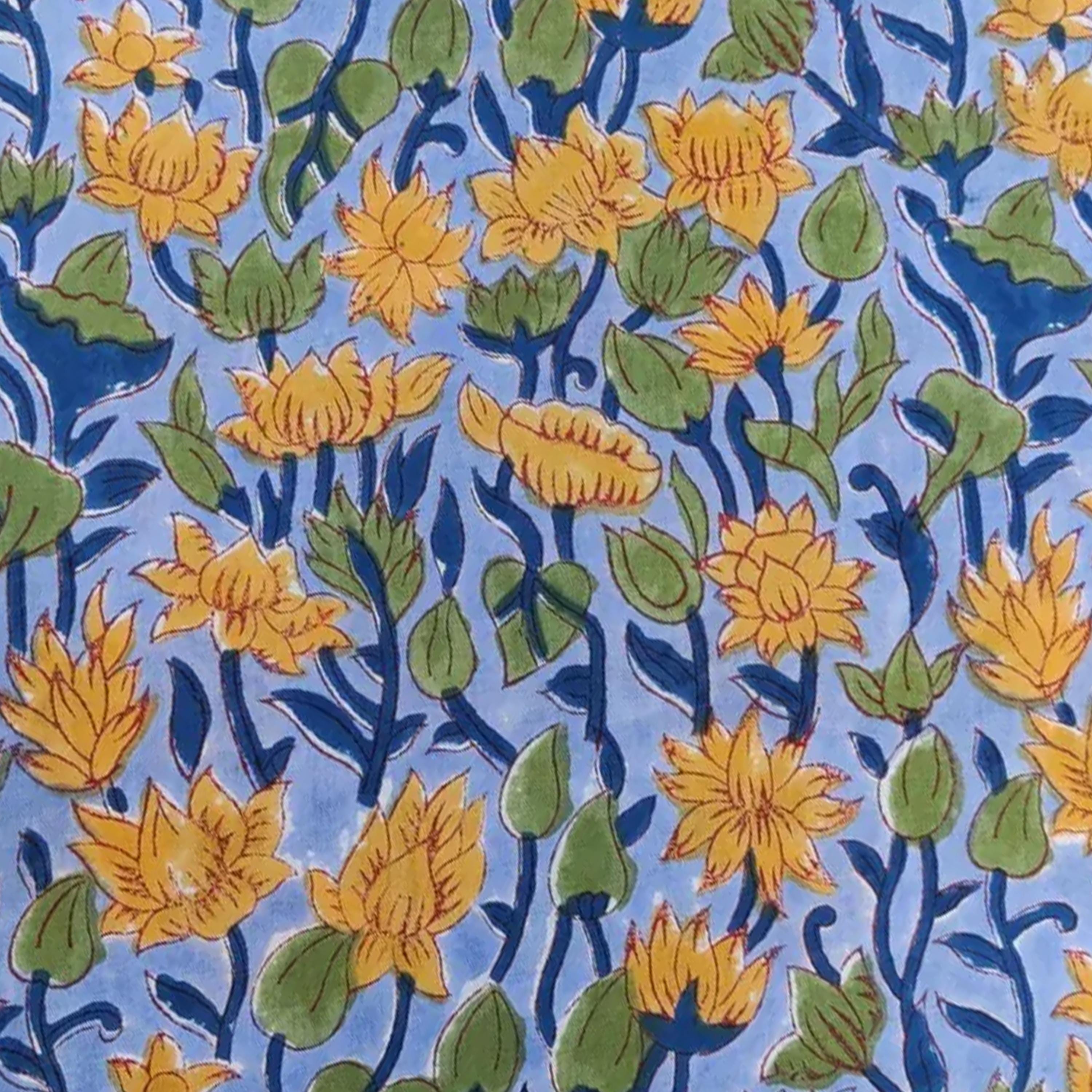 Yellow Floral Cotton Cushion Cover, Blue Hand Block Print Pillow Cover, Decorative Throw Pillow, Handmade Sofa Cushion, Square Pillow Cover