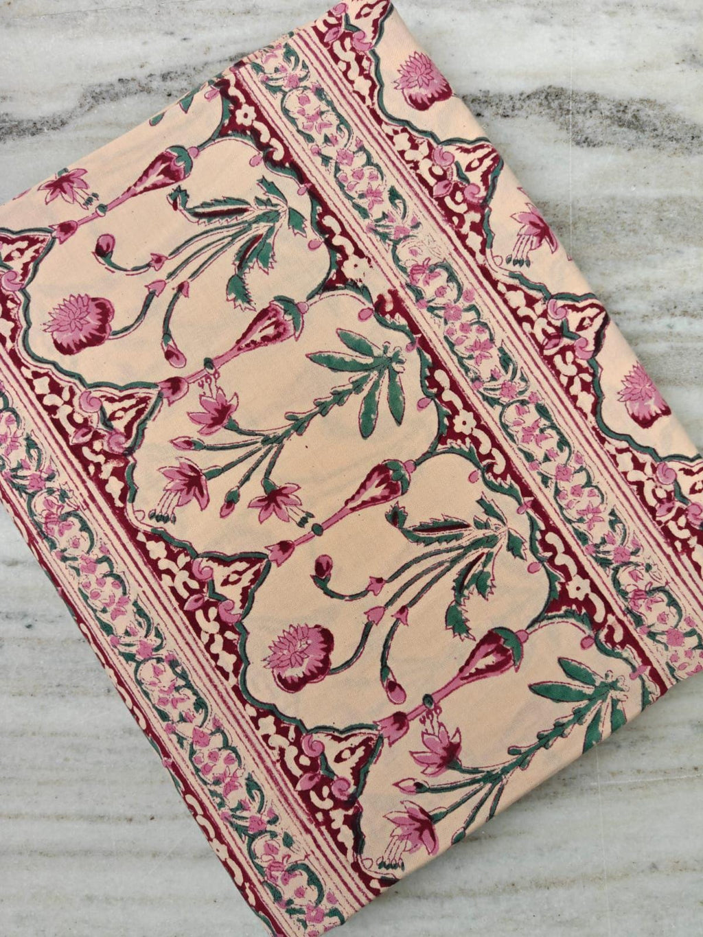 Beige Floral Cotton Fabric with Border, Soft Cotton Fabric, Indian Hand Block Fabric, 100% Cotton Fabric By The Yard, Loose Running Fabric