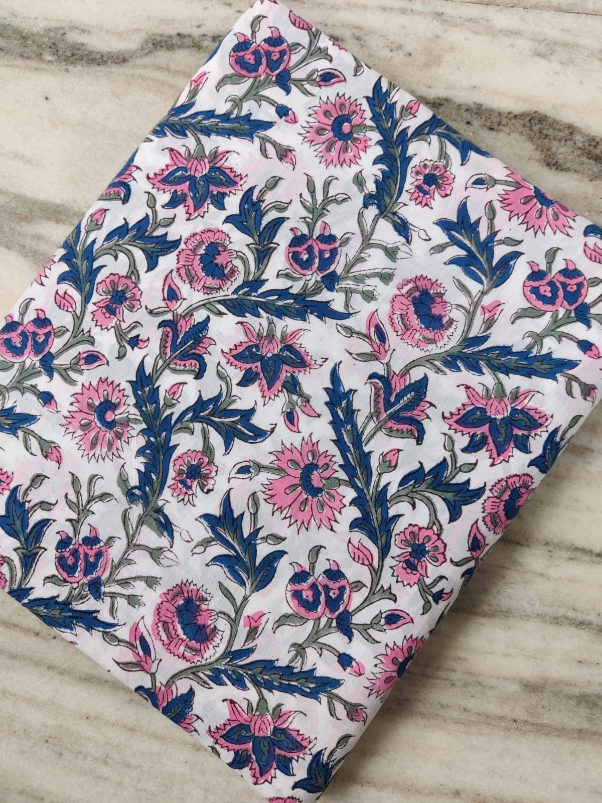 White Pink Blue Floral Cotton Fabric, Soft Printed Cotton Material by the Yard, Quilting, Dressmaking, Sewing, Textile Fabric, Loose Fabric