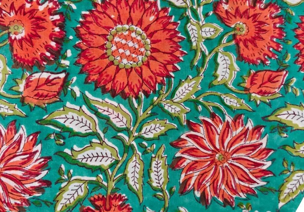 Turquoise Floral Cotton Fabric, Red Orange Flower Print Fabric, Indian Block Print Cotton, Boho Quilting Fabric, Craft Sewing Napkins Fabric