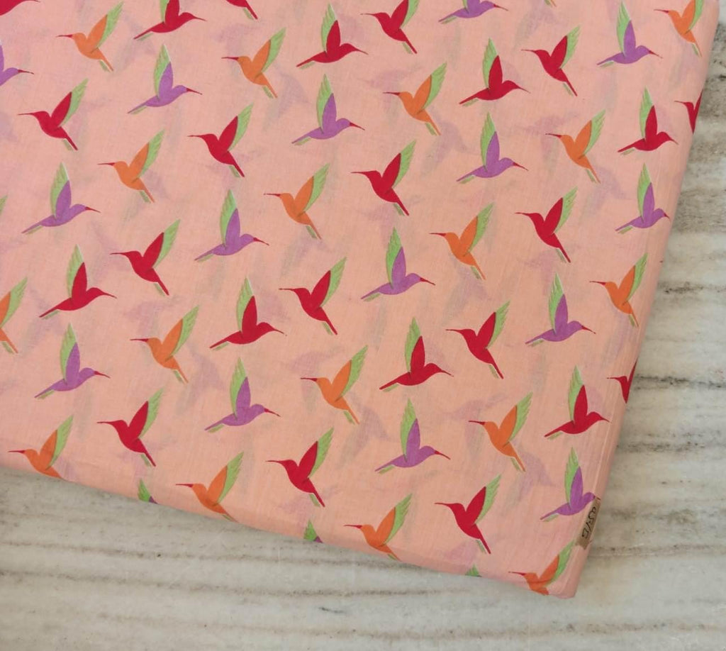 Peach Hummingbird Cotton Fabric, Multicolor Bird Print Fabric, Quilting Cotton by the Yard, Sewing Craft Fabric, Nature Animal Fabric