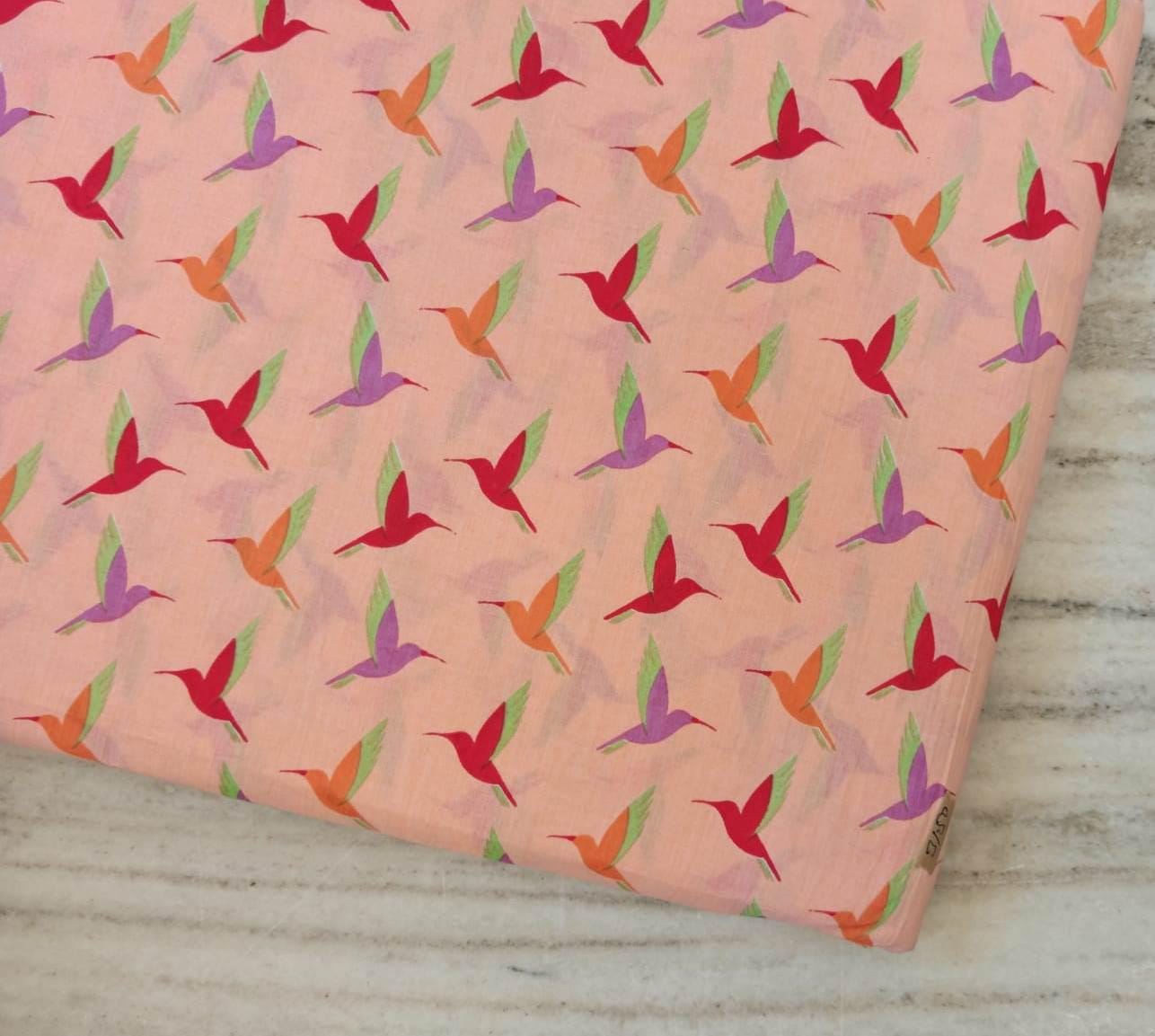 Peach Hummingbird Cotton Fabric, Multicolor Bird Print Fabric, Quilting Cotton by the Yard, Sewing Craft Fabric, Nature Animal Fabric