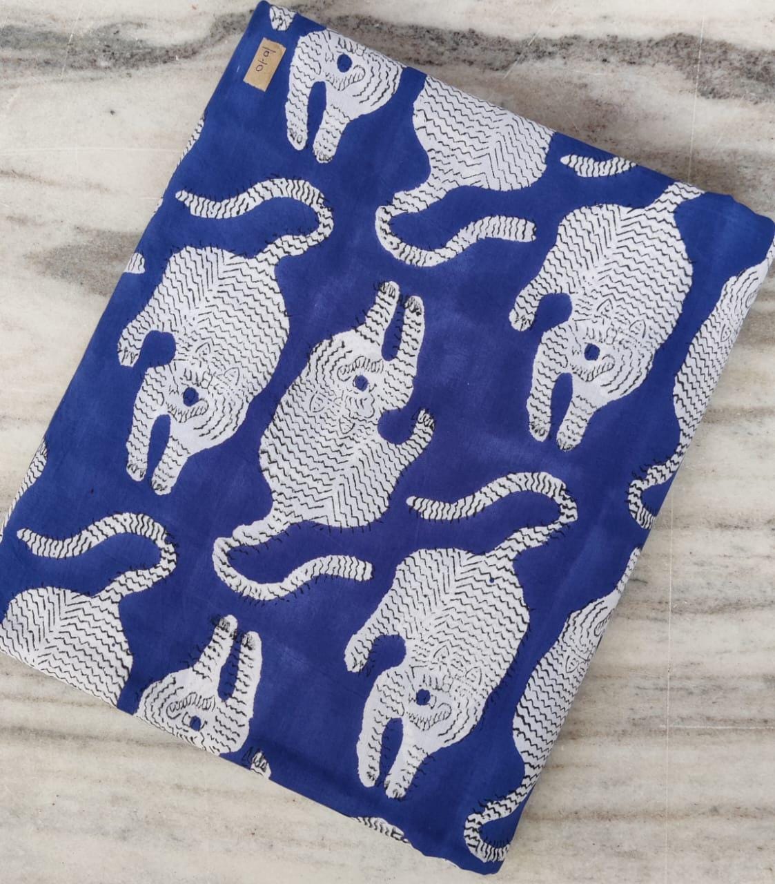 Blue Cat Print Cotton Fabric, Animal Pattern Soft Cotton by Yard, Hand Block Print Fabric for Quilting, Sewing, Dressmaking, Textile Fabric