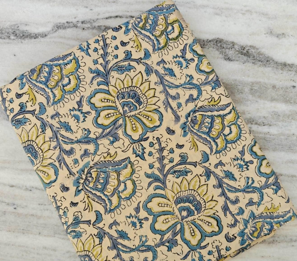 Blue and Yellow Floral Cotton Fabric by the Yard, Indian Block Print Fabric, Cream Botanical Vine Print, Quilting Dressmaking Craft Fabric