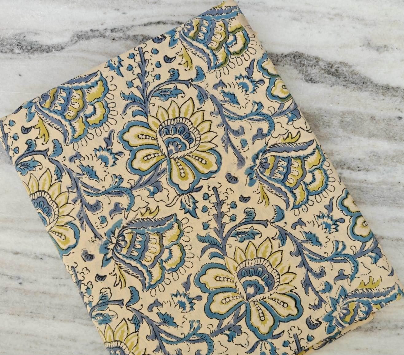 Blue and Yellow Floral Cotton Fabric by the Yard, Indian Block Print Fabric, Cream Botanical Vine Print, Quilting Dressmaking Craft Fabric