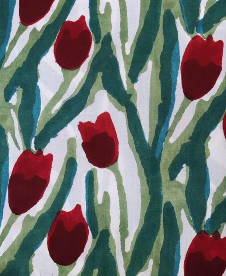 Hand Block Printed Fabric Soft Fabric, Red Flowers 100% Cotton Material Fabric By The Yard, Dress Making Running Fabric, Apparel Quilting