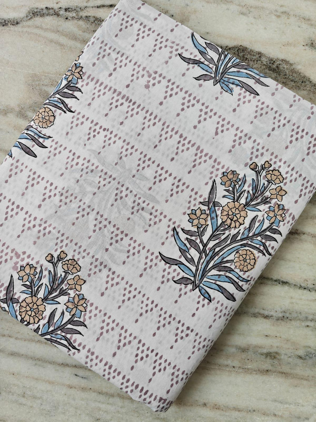 White Floral Cotton Fabric, Hand Block Print Fabric by the Yard, Indian Soft Cotton with Beige Flowers and Blue Leaves Fabric, Dressmaking
