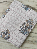 White Floral Cotton Fabric, Hand Block Print Fabric by the Yard, Indian Soft Cotton with Beige Flowers and Blue Leaves Fabric, Dressmaking