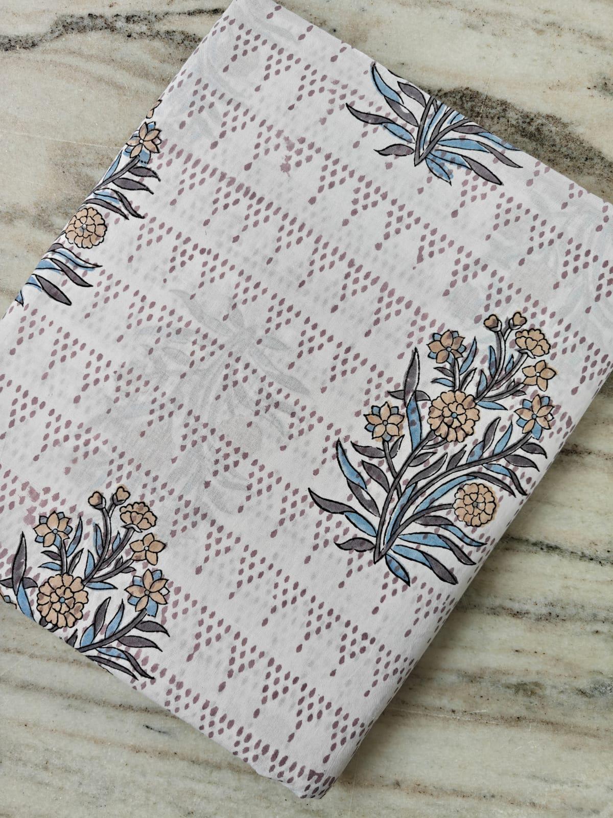 White Floral Cotton Fabric, Hand Block Print Fabric by the Yard, Indian Soft Cotton with Beige Flowers and Blue Leaves Fabric, Dressmaking
