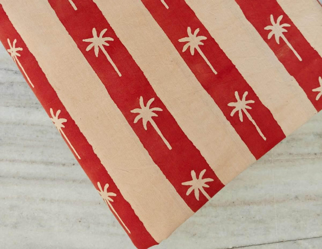 Red Palm Tree Print Cotton Fabric, Tropical Stripe Hand Block Fabric, Cute Block Print Fabric by the Yard, Loose Running Napkins Fabric