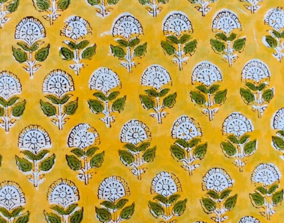 Yellow Floral Cotton Fabric, Indian Block Print Cotton Fabric, Hand Block Style Fabric by Yard, Yellow Green Flower Fabric for Dress Fabric