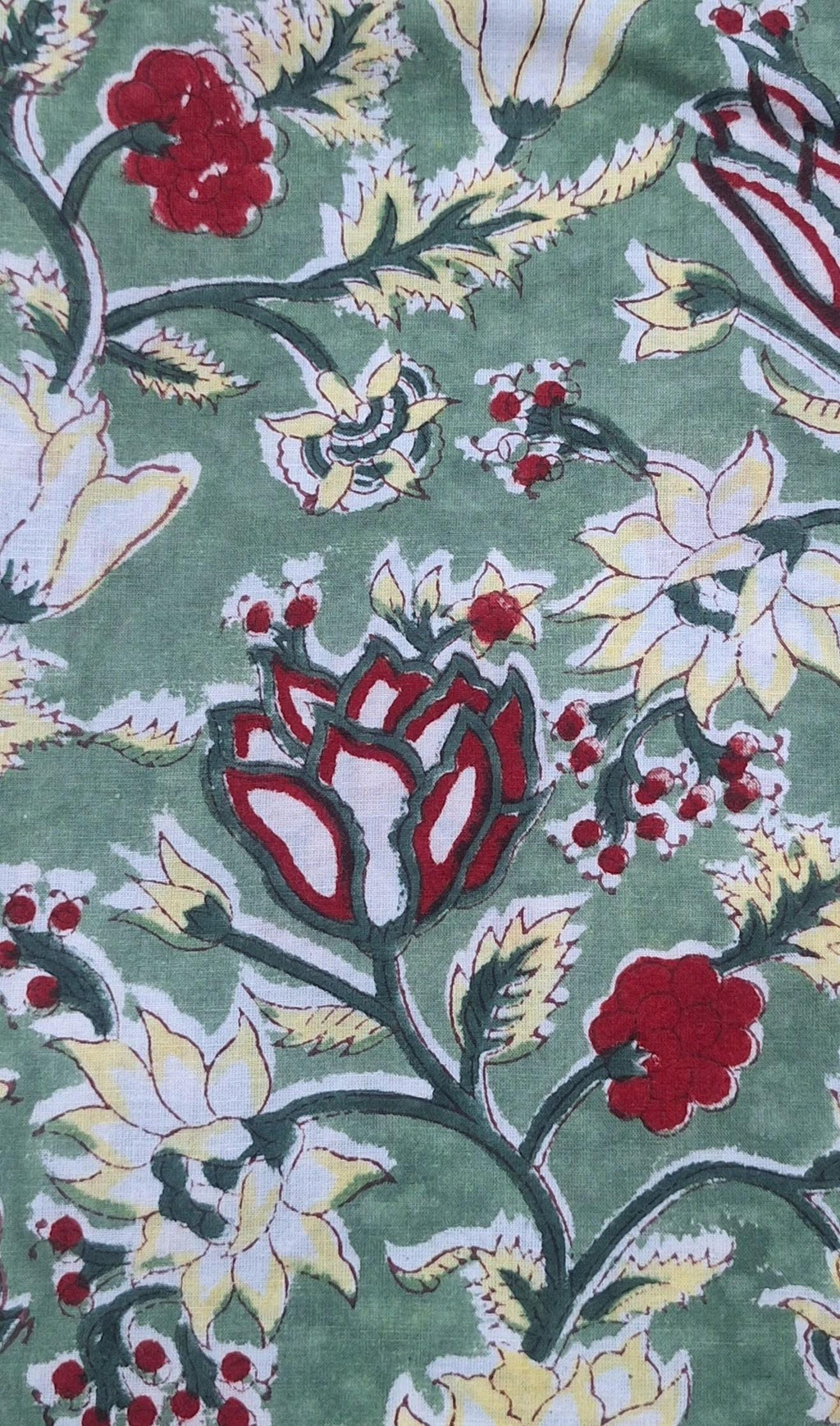 Green Floral Cotton Fabric, Hand Block Print Fabric, Indian Cotton Cloth, Soft Lightweight Fabric for Dressmaking, Quilting & DIY Crafts