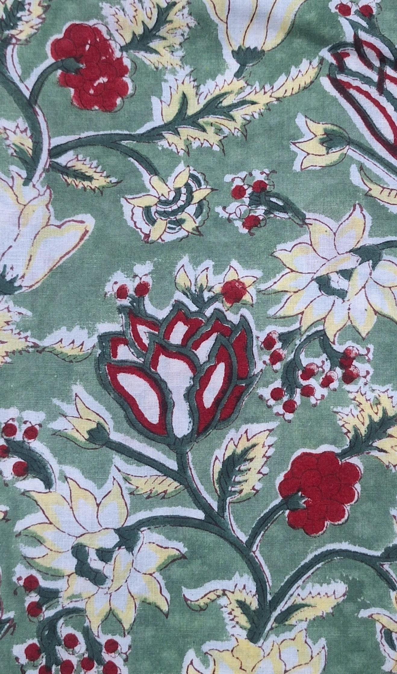 Green Floral Cotton Fabric, Hand Block Print Fabric, Indian Cotton Cloth, Soft Lightweight Fabric for Dressmaking, Quilting & DIY Crafts