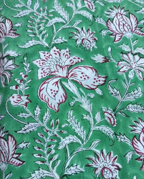 Green Pink Color Indian Hand Block Print Fabric, 100% Cotton Quilting Fabric By The Yard, Fabric For Dress Making, Loose Running Fabric