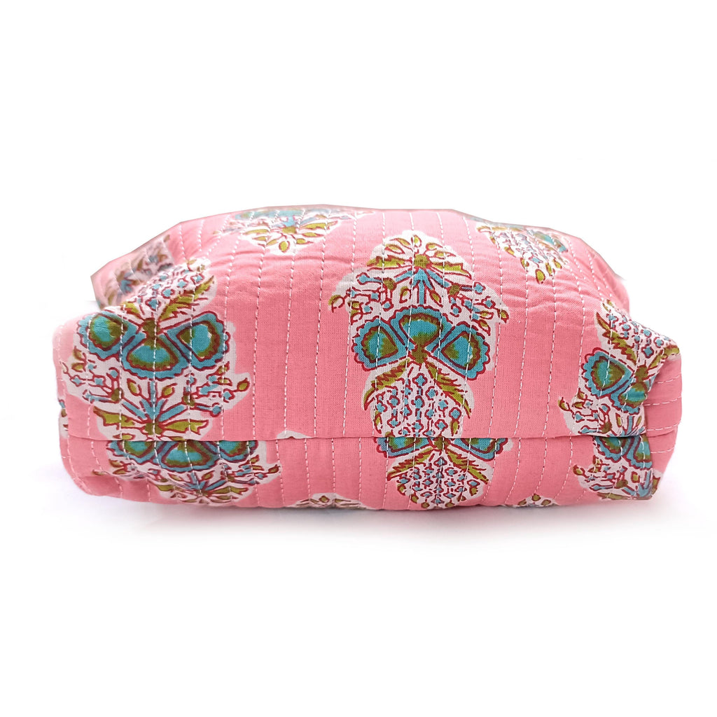 Pink Floral Quilted Pouch: Cotton Makeup Cosmetic Bag