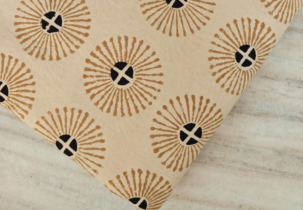 Sunburst Block Print Cotton Fabric, Beige Geometric Indian Fabric by the Yard