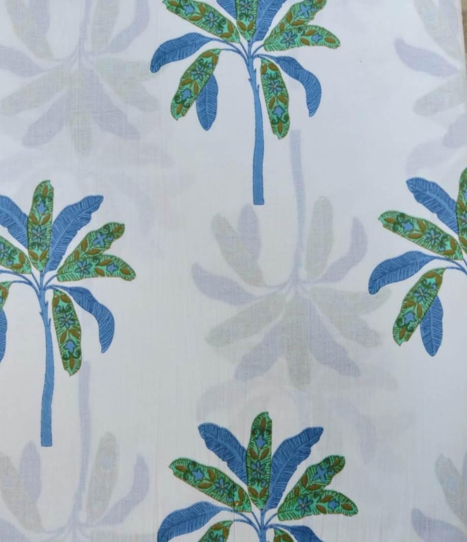 Blue Green Palm Tree Cotton Fabric, Tropical Print Fabric by the Yard, Beach Theme Sewing Fabric, Lightweight Cotton for Quilting & Apparel