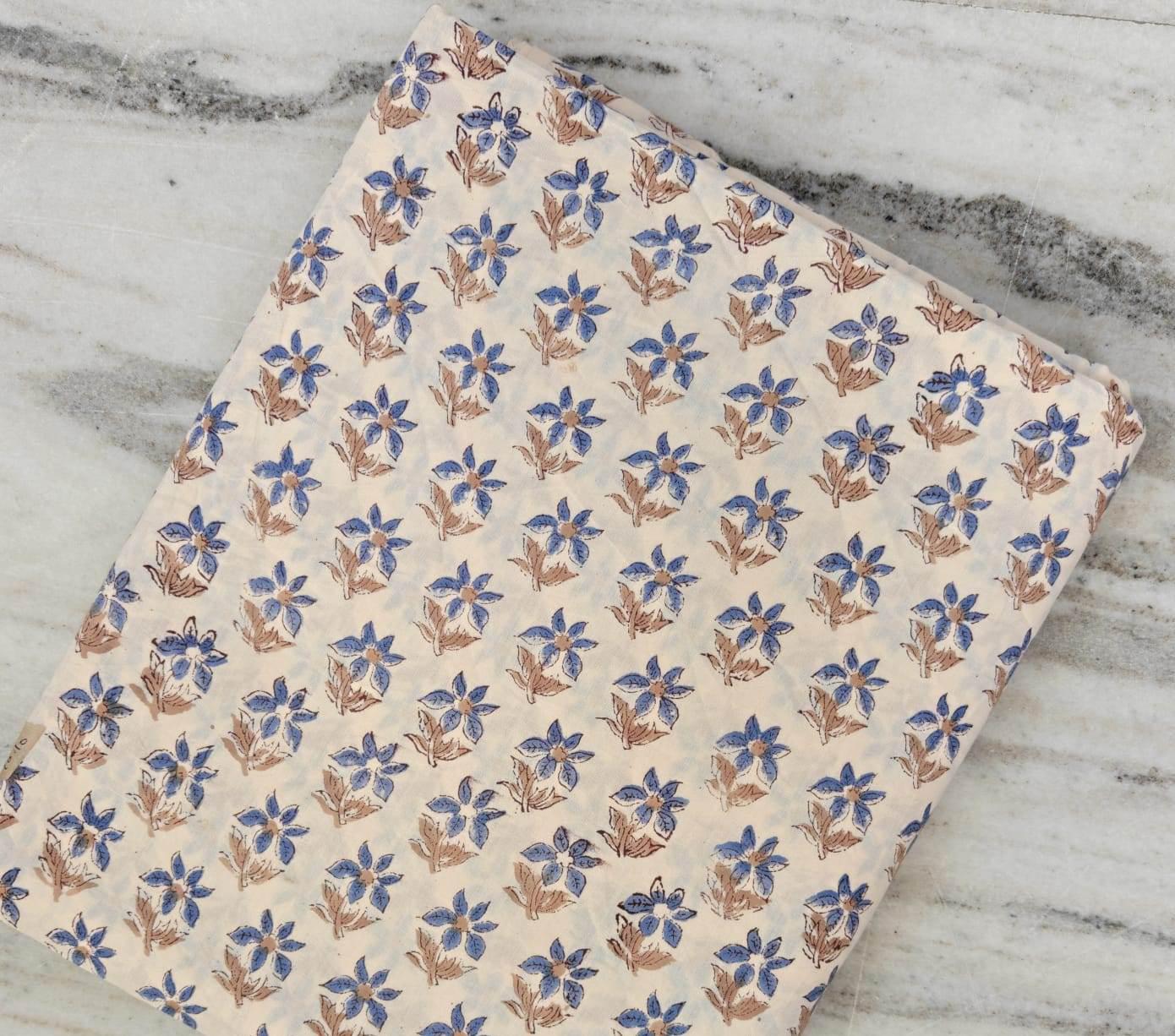 Blue Floral Cotton Fabric, Small Flower Block Print Fabric, Beige Cotton Fabric by the Yard, Vintage Floral Fabric for Sewing Dress & Crafts