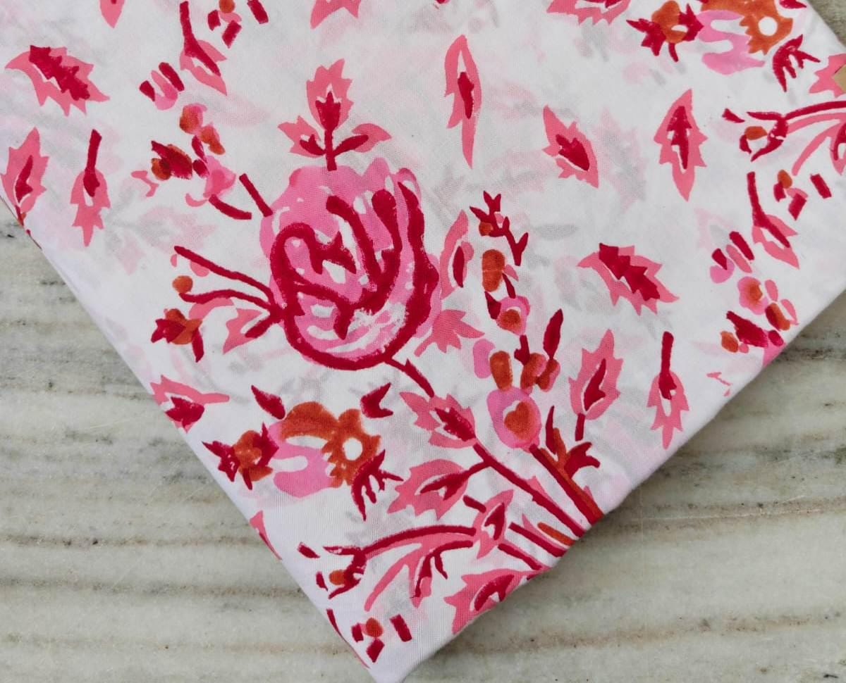 Pink Floral Cotton Fabric by the Yard | Hand Block Print Fabric | Indian Soft Cotton Material for Sewing, Quilting, Dressmaking & Crafts