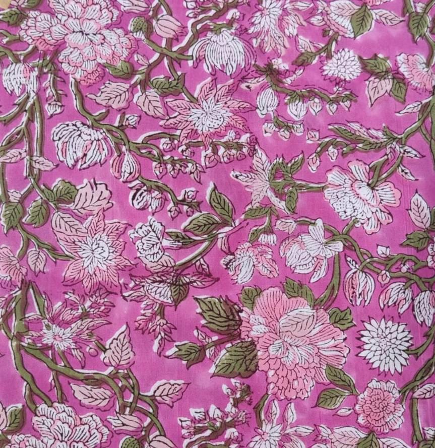 Pink Floral Cotton Fabric by the Yard, Hand Block Print Flowers, Soft Indian Cotton for Quilting, Sewing, Dressmaking Crafts, Textile Fabric