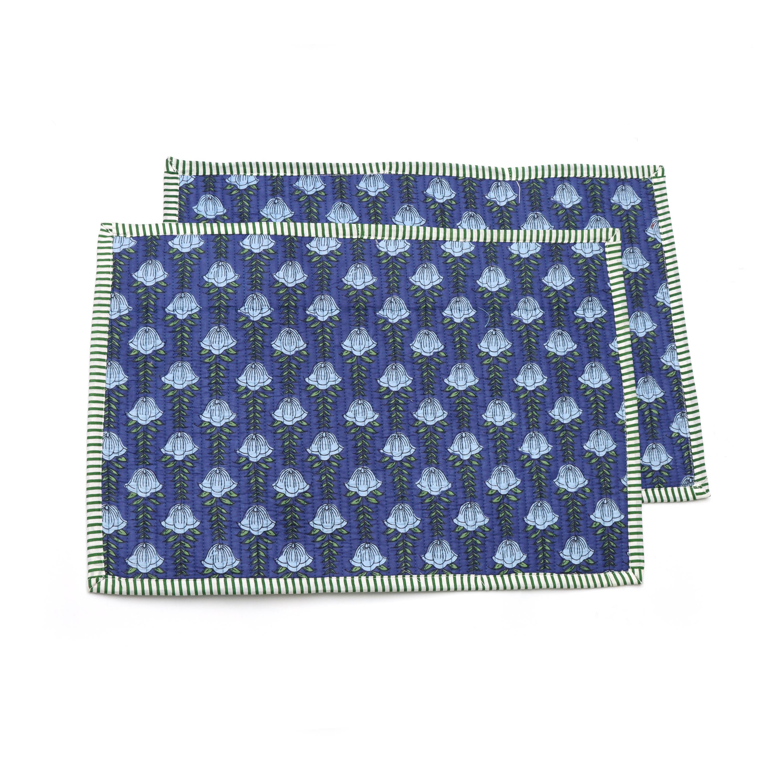 Blue Block Print Placemats Set, Cotton Floral Table Mats with Green Stripe Border, Christmas Gifts