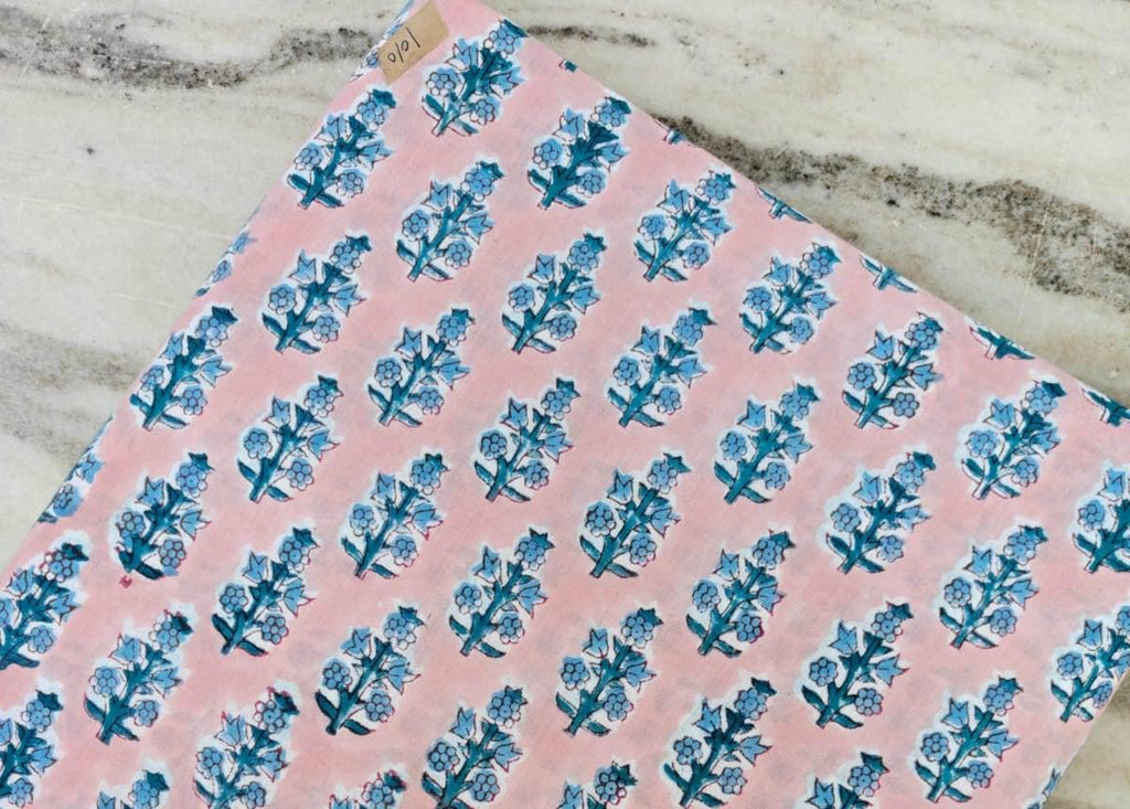 Pink Hand Block Print Cotton Fabric, Blue Floral Indian Fabric by the Yard, Soft Cotton for Quilting, Fabric For Dressmaking, Running Fabric