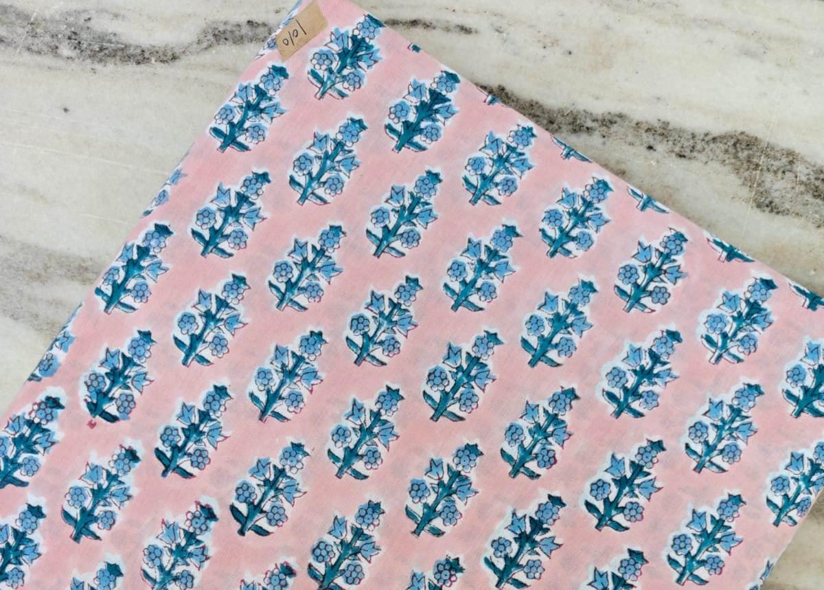 Pink Hand Block Print Cotton Fabric, Blue Floral Indian Fabric by the Yard, Soft Cotton for Quilting, Fabric For Dressmaking, Running Fabric