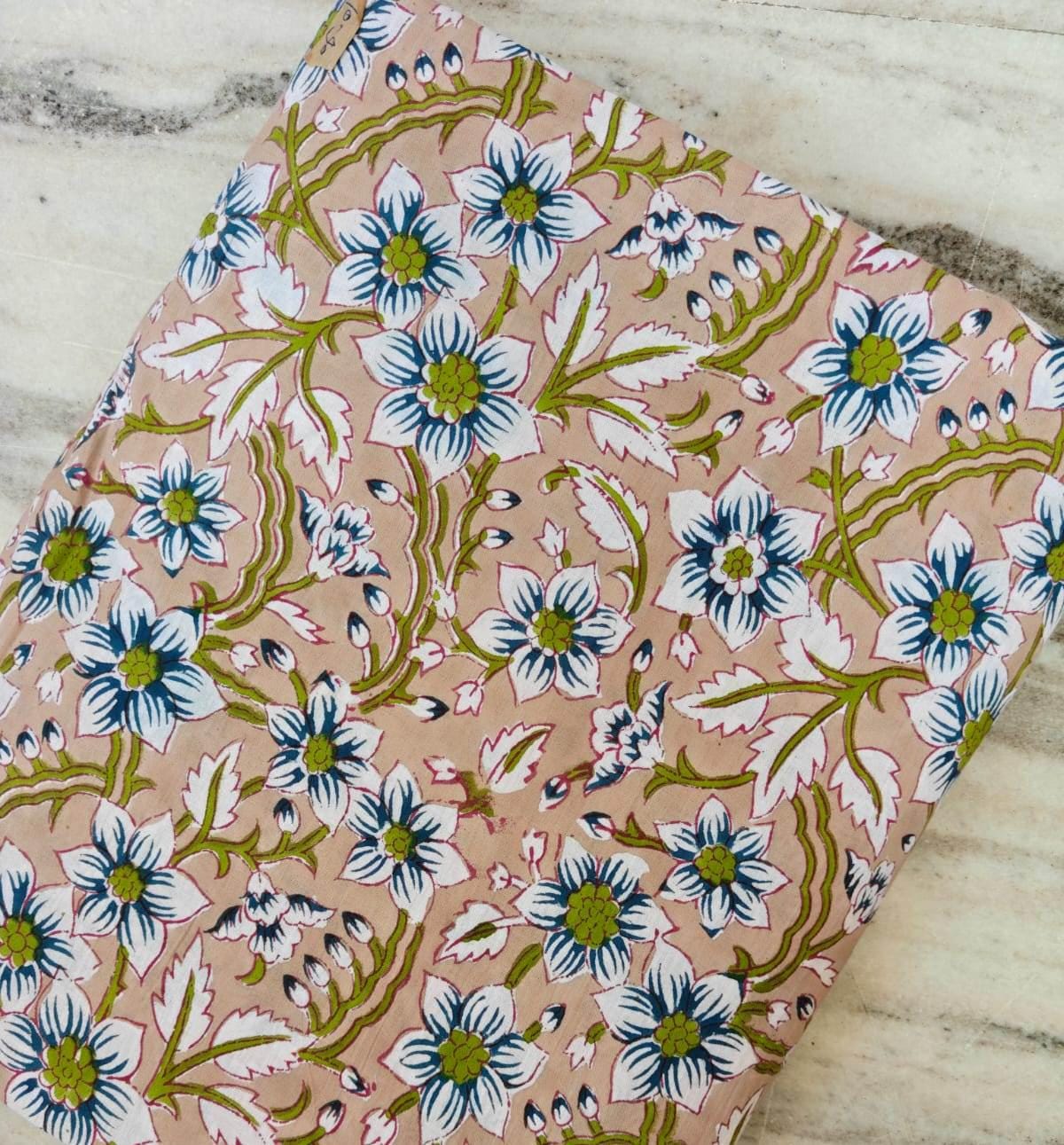 Pink Floral Cotton Fabric Hand Block Print Fabric Indian Cotton Textile Blue White Flower Fabric Botanical Vine Fabric Quilting Craft Fabric
