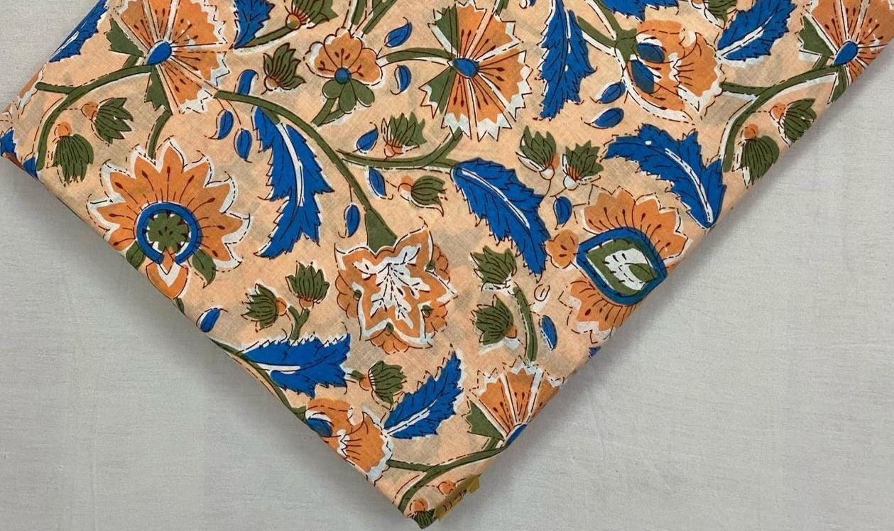 Indian Hand Block Print Fabric, Floral 100% Cotton Quilting Fabric By The Yard, Fabric For Dress Making, Loose Running Fabric, Napkin Fabric