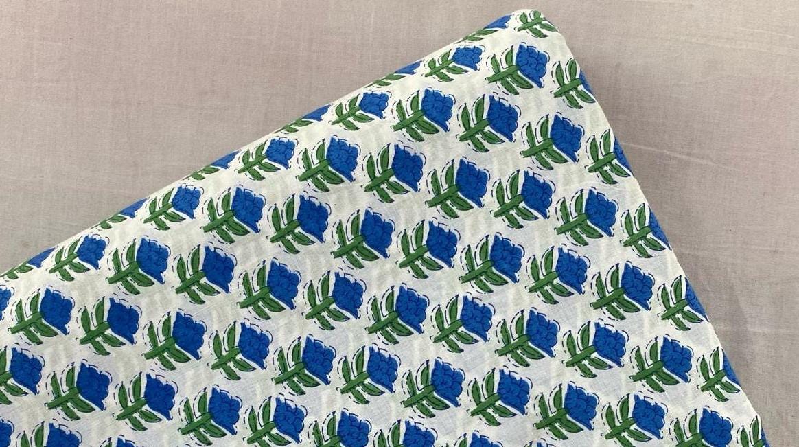 Blue Floral Cotton Fabric, Hand Block Print Style, Small Repeat Flower Fabric, Indian Cotton Fabric, Soft Craft & Quilting Fabric by Yard