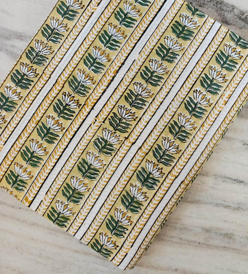 Yellow Floral Stripe Block Print Cotton Fabric, Hand Block Printed Indian Cotton Fabric By The Yard, White Lotus Buta Fabric for Dressmaking