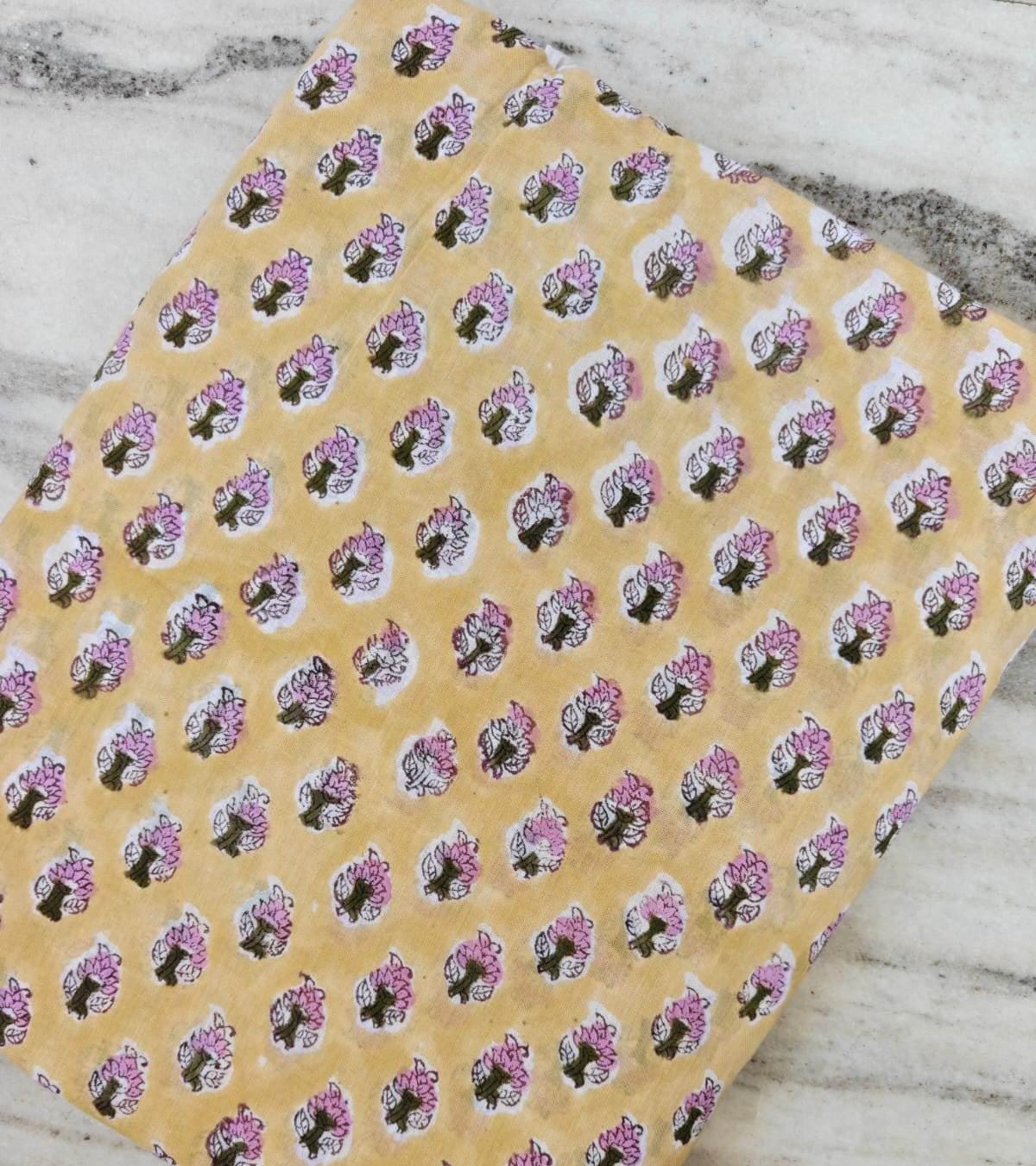 Hand Block Print Cotton Fabric – Yellow Booti Floral Indian Fabric by the Yard – Pink Buta Print Textile for Sewing, Quilting, Dressmaking