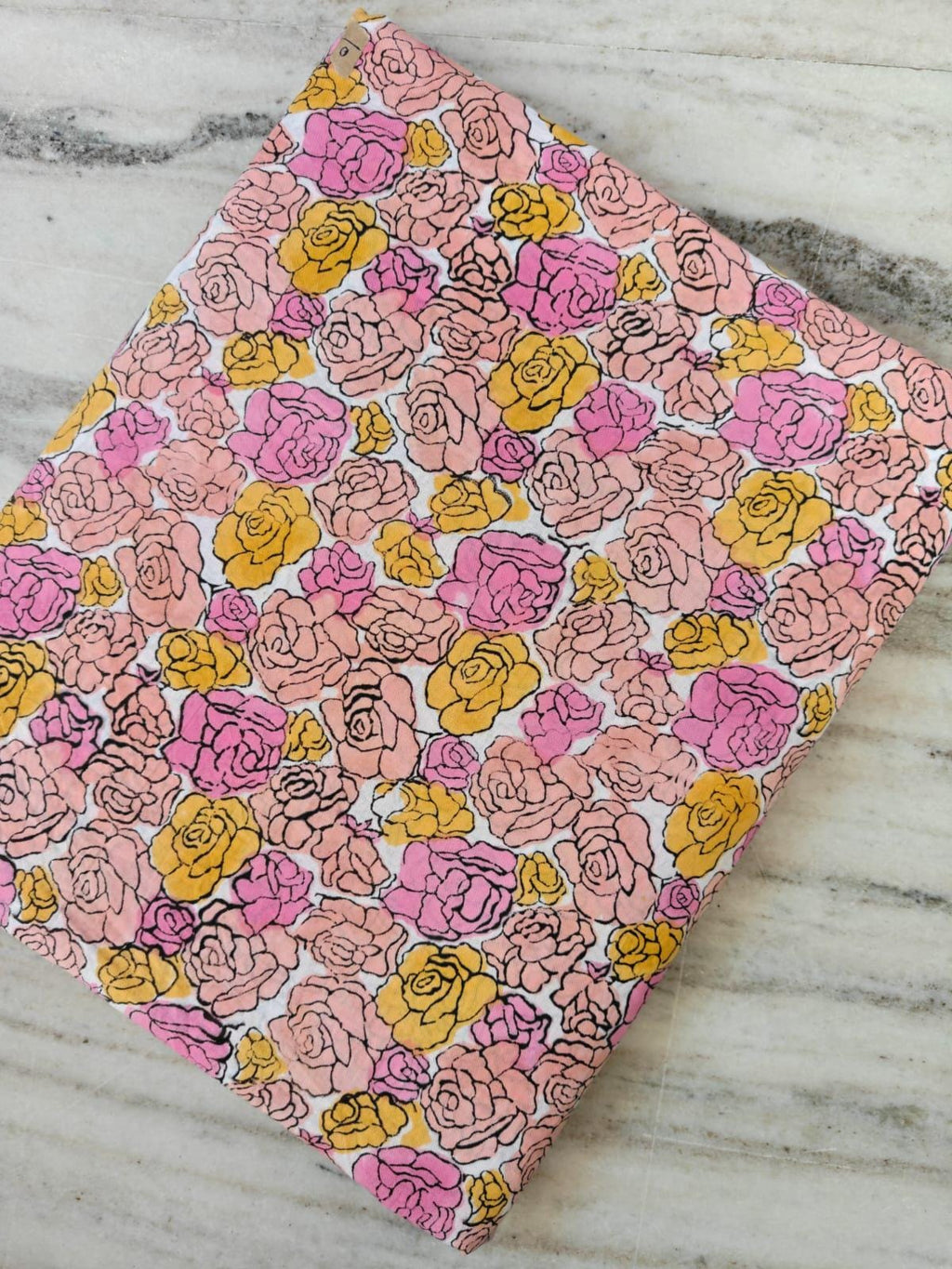 Pink & Yellow Rose Floral Cotton Fabric by the Yard, Hand Printed Indian Cotton, Vintage Flower Fabric, Napkins, Table Runner, Tea Coaster