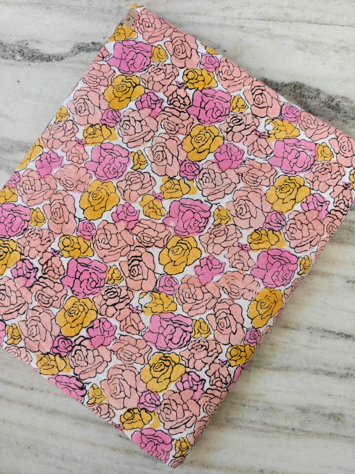 Pink & Yellow Rose Floral Cotton Fabric by the Yard, Hand Printed Indian Cotton, Vintage Flower Fabric, Napkins, Table Runner, Tea Coaster