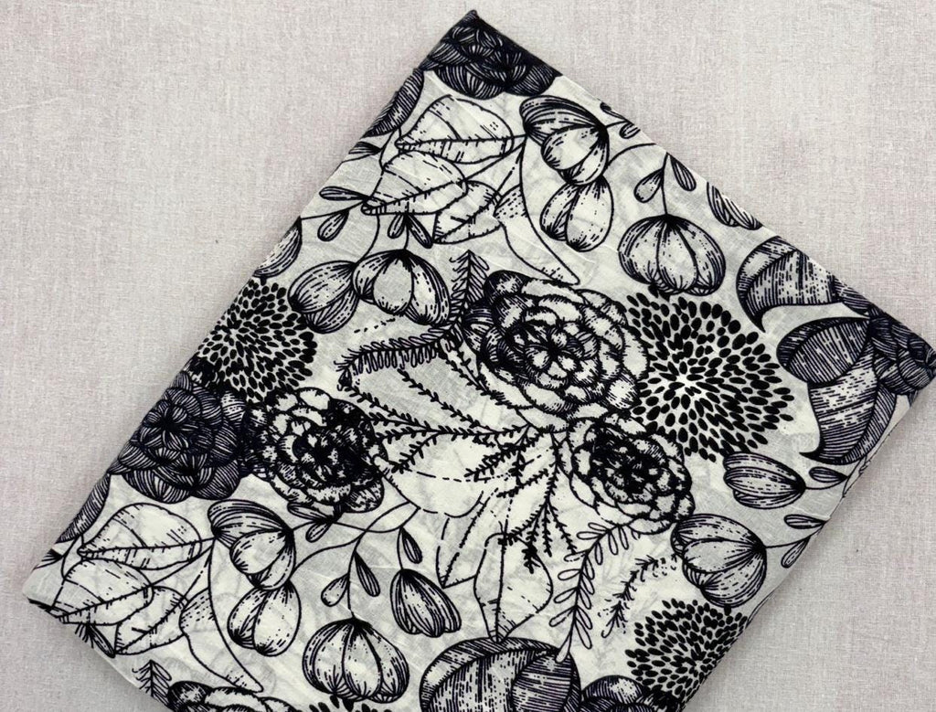 Black and White Floral Cotton Fabric, Botanical Hand Block Print Fabric, Indian Cotton Yardage, Floral Sewing Fabric, Craft Dressmaking