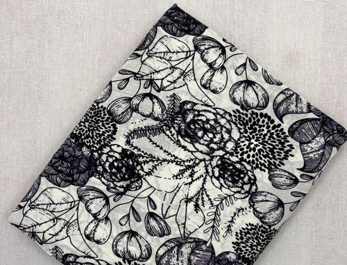 Black and White Floral Cotton Fabric, Botanical Hand Block Print Fabric, Indian Cotton Yardage, Floral Sewing Fabric, Craft Dressmaking