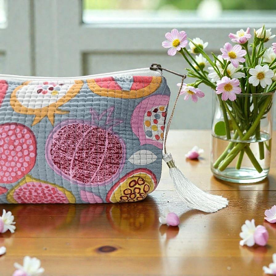 Colorful Floral Kantha Quilt Pouch | White Zipper Cosmetic Bag | Toiletry Pouch | Handmade Quilted Floral Pouch | Zipper Bag with Tassel