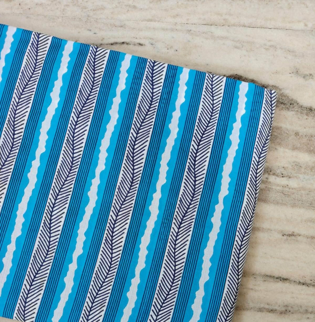 Blue Leaf Stripe Cotton Fabric, Tropical Stripe Fabric, Aqua Blue Printed Cotton, Dress Making Fabric,  Fabric by The Yard, Curtain Textile