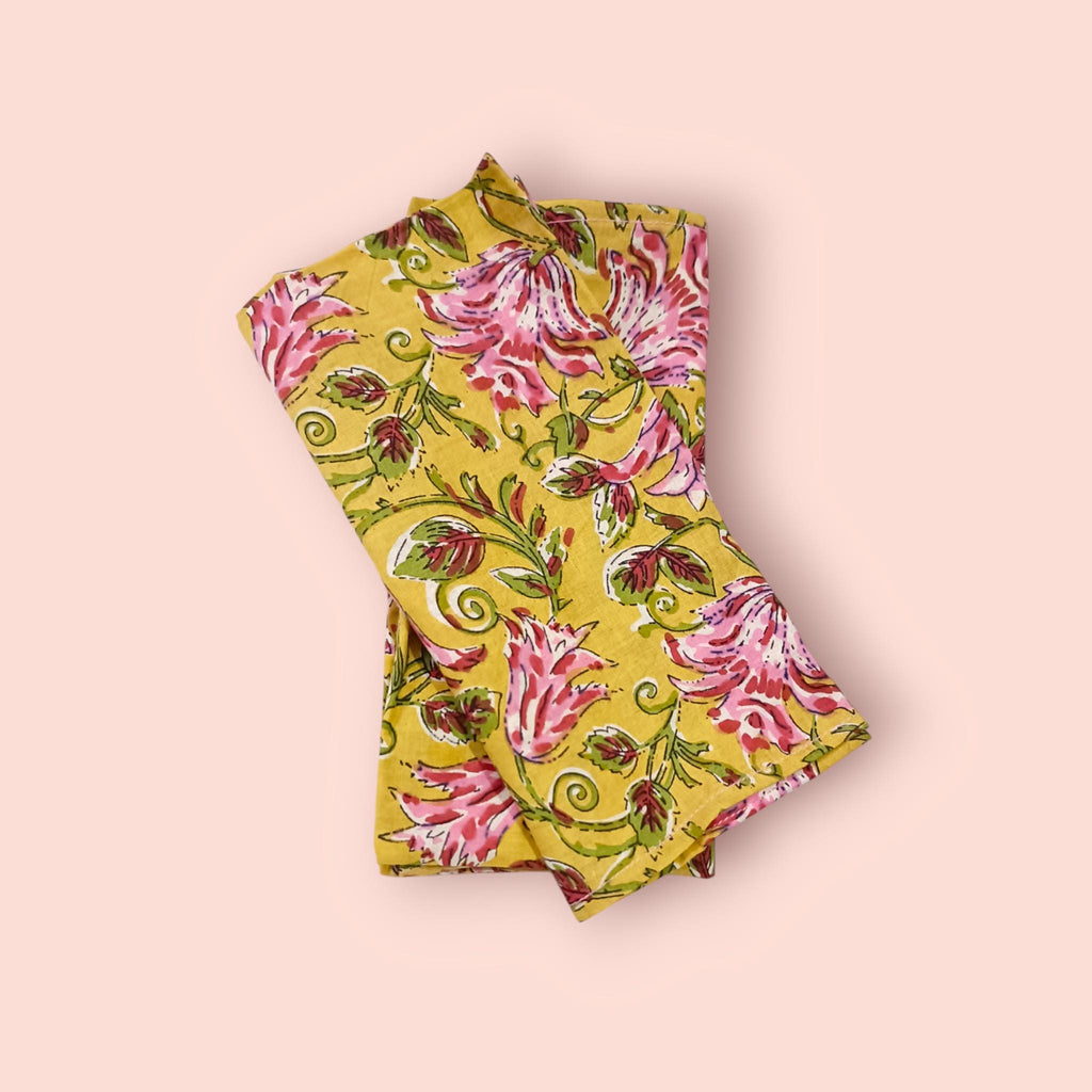 Yellow Floral Cotton Napkins | Hand Block Print Pink Flower Cloth Napkins | Reusable Dinner Napkins for Table Decor & Eco-Friendly Dining