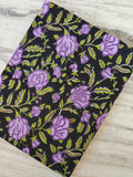 Black Floral Cotton Fabric by the Yard, Purple Rose Print Cotton Fabric, Indian Block Print Fabric, Floral Craft Fabric, Dressmaking Fabric
