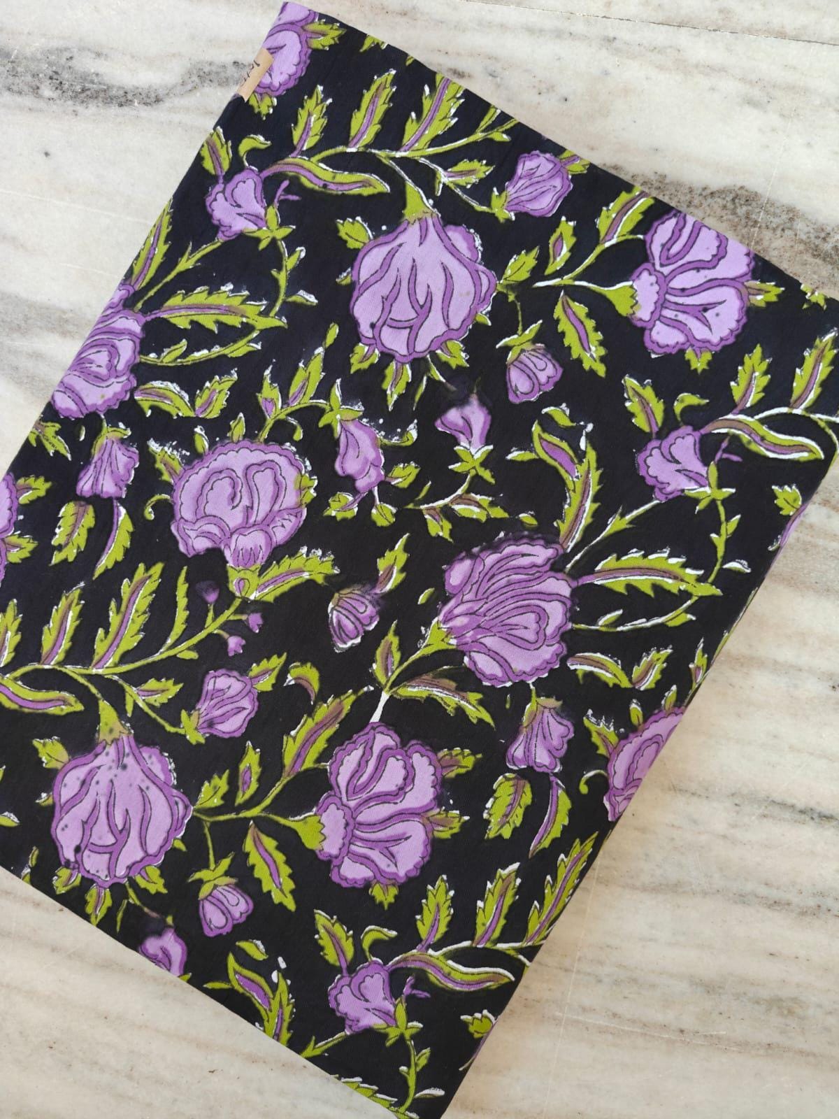 Black Floral Cotton Fabric by the Yard, Purple Rose Print Cotton Fabric, Indian Block Print Fabric, Floral Craft Fabric, Dressmaking Fabric