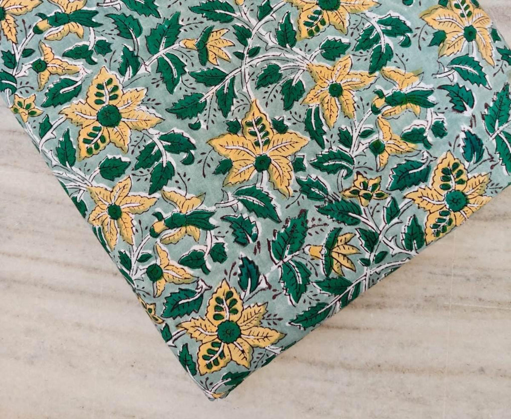 Green Floral Indian Hand Block Print Fabric, Yellow Flower Print 100% Soft Cotton Fabric By The Yard, Loose Running Fabric, Napkin Fabric