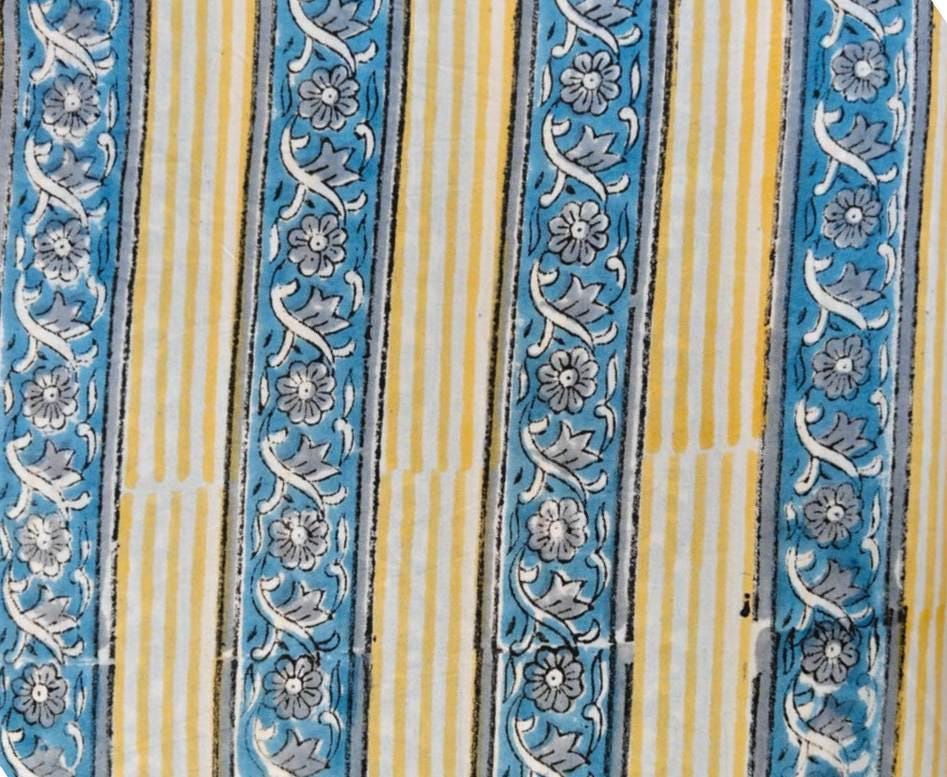 Blue Floral Stripe Cotton Fabric, Yellow Striped Cotton, Block Print Style Fabric, Craft Fabric, Indian Floral Stripe Cotton by the Yard