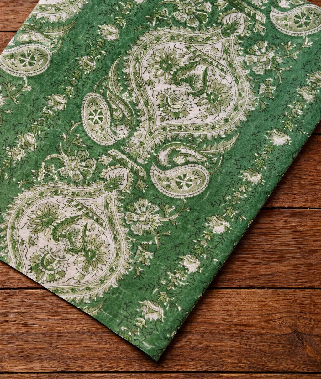 Green Paisley Floral Cotton Fabric by the Yard, Indian Block Print Cotton Cloth, Soft Cotton Fabric for Sewing, Quilting, Dressmaking