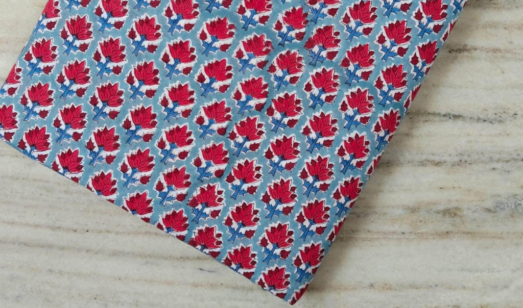 Red Lotus Floral Cotton Fabric, Hand Block Print Fabric by the Yard, Indian Soft Cotton for Quilting, Sewing, Dressmaking, Home Decor
