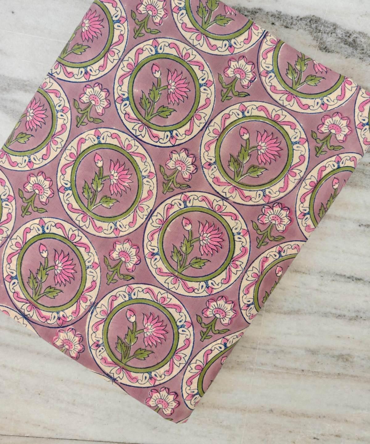 Dusty Pink Floral Cotton Fabric, Indian Hand Block Print Fabric, Pink Circle Flower Cotton, Boho Sewing Fabric, Dressmaking Craft Fabric