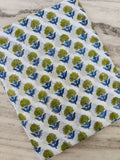 Hand Block Print Cotton Fabric, Green Floral Buti with Blue Leaves on White, Lightweight Indian Cotton for Dresses, Quilting Sewing Projects