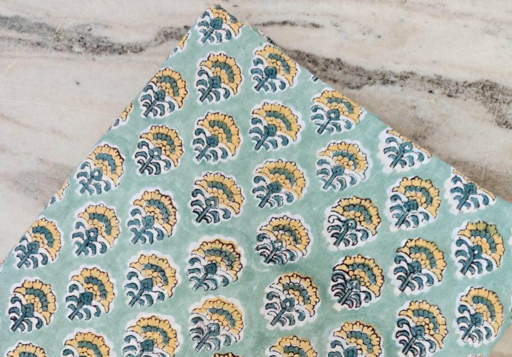 Mint Green Floral Cotton Fabric by the Yard, Hand Block Print Indian Fabric, Soft Cotton Material for Quilting, Sewing, Dressmaking Fabric