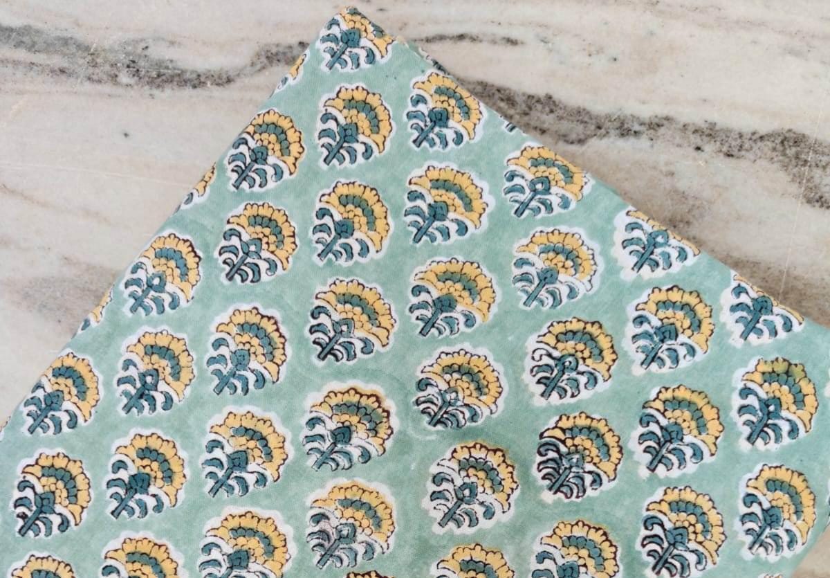 Mint Green Floral Cotton Fabric by the Yard, Hand Block Print Indian Fabric, Soft Cotton Material for Quilting, Sewing, Dressmaking Fabric